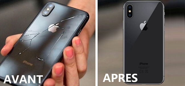 Vitre arrière cassée iPhone X Avant et Après réparation